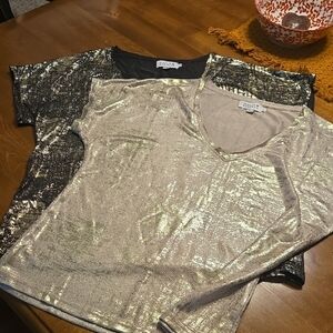 Molly Bracken Shimmering Gold and Black V-Neck T Shirts